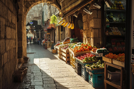 Cobbled streets of a bustling Mediterranean marketplace Ai Generatedの素材