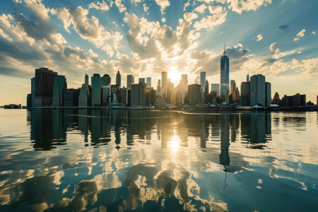 New York city skyline reflected in the East River AI generatedの素材