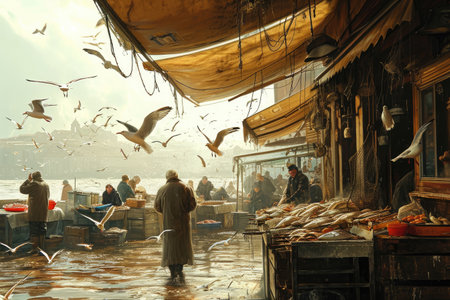 Seagulls flying over a lively fish market at a harbor Ai generatedの素材