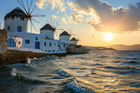 The iconic windmills of Mykonos, Greece at sunset AI generatedの素材