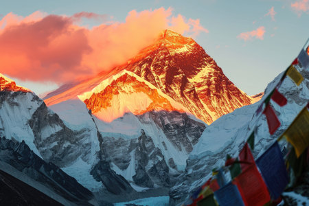 The mighty Mount Everest at sunrise with prayer flags fluttering in the wind --ar 3:2 --v 6 Job ID: 4f0889e5-f841-43fb-9b56-ded792486690の素材