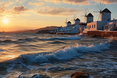 The iconic windmills of Mykonos, Greece at sunset AI generatedの素材