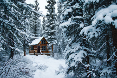 Tiny cabin surrounded by snow-covered pines in winter AI generatedの素材
