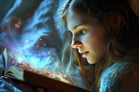 A girl reading a book with her imagination showing around her AI generatedの素材