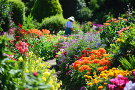 A gardener tending to a lush, colorful flower garden AI generatedの素材