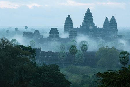 A misty morning at Angkor Wat, with the spires of the temple emerging from the fog Ai generatedの素材