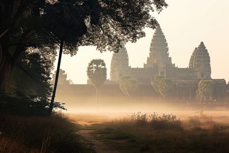 A misty morning at Angkor Wat, with the spires of the temple emerging from the fog Ai generatedの素材