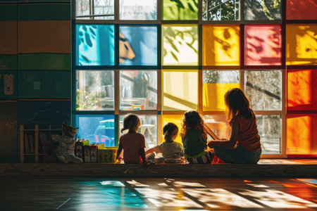 A teacher teaching kids in a colorful classroom AI generatedの素材