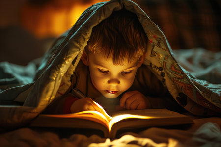 A young boy discreetly reading a book under his blanket with a flashlight Ai generatedの素材