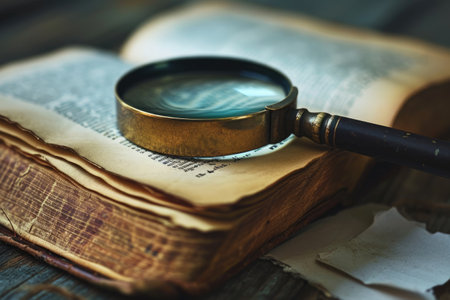 An open book under a magnifying glass, AI generatedの素材