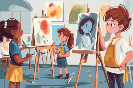 Art class illustration with children painting on canvases AI generatedの素材