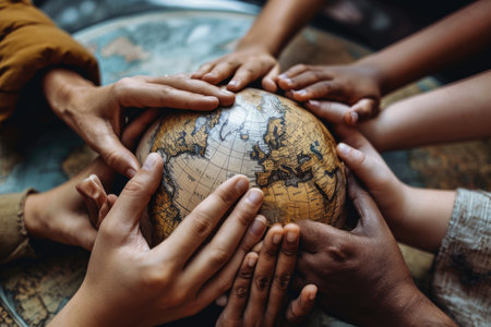 Hands of different races and ethnicities reaching out for a shared globe Ai generatedの素材
