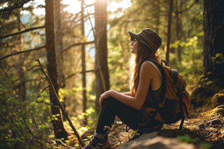 A young female hiker takes a break to enjoy a forest Ai generatedの素材
