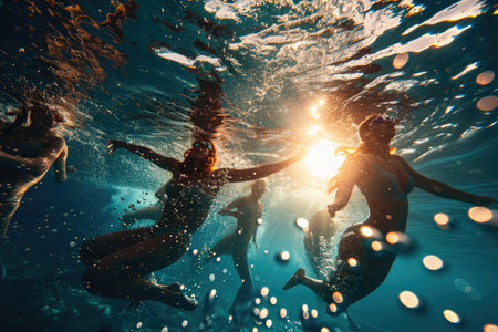 An underwater view of synchronized swimmers AI generatedの素材