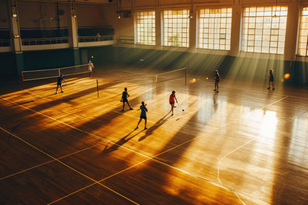 Badminton players competing in a fast-paced game AI generatedの素材