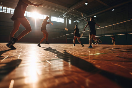 Badminton players competing in a fast-paced game AI generatedの素材