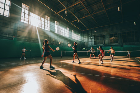 Badminton players competing in a fast-paced game AI generatedの素材