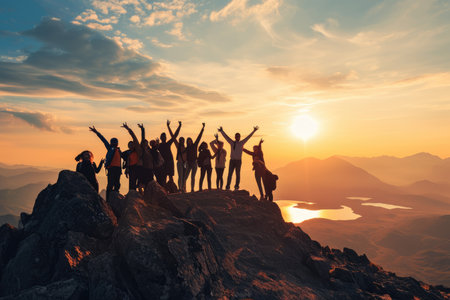 Big group of people having fun in success victory and happy pose with raised arms on mountain top against sunset lakes and mountains AI generatedの素材