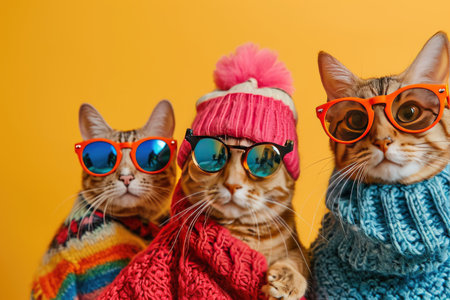 Creative animal concept. cat in a group, vibrant bright fashionable outfits isolated on solid background advertisement, copy text space Ai generatedの素材