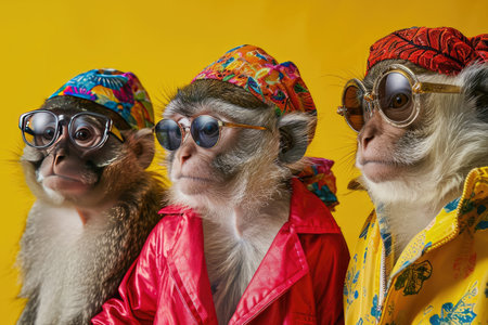 Creative animal concept. Meerkat in a group, vibrant bright fashionable outfits isolated on solid background advertisement, copy text space. birthday party invite invitation banner AI generatedの素材