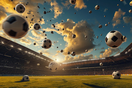 Footballs soaring high over a stadium AI generatedの素材