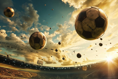 Footballs soaring high over a stadium AI generatedの素材