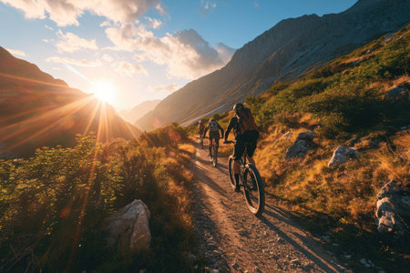 friends on electric bicycles enjoying a scenic ride through beautiful mountains AI generatedの素材