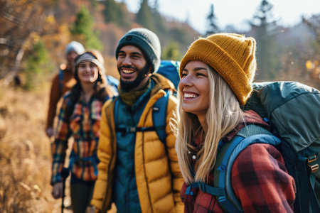 Group of happy friends with backpacks hiking AI generatedの素材