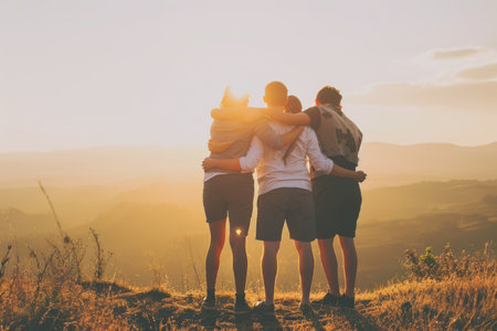Group of people hugging outdoors; sunset AI generateの素材