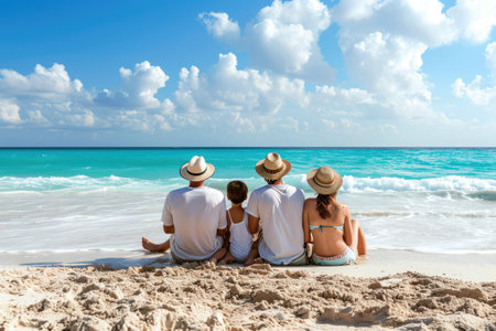 Happy family enjoying together on beach on holiday vacation AI generatedの素材