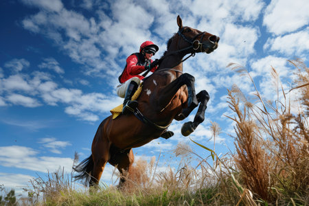 Jockey riding a horse mid-jump during a steeplechase AI generatedの素材