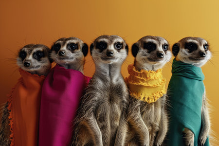Meerkat in a group, vibrant bright fashionable outfits isolated on solid background advertisement, copy text space Ai generatedの素材