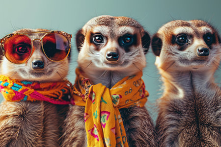 Meerkat in a group, vibrant bright fashionable outfits isolated on solid background advertisement, copy text space Ai generatedの素材