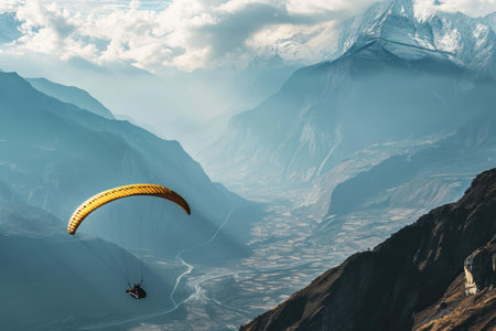 Paraglider floating over breathtaking mountains Ai generatedの素材