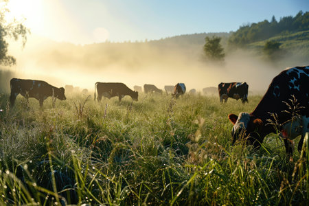 Panorama of grazing cows in a meadow with grass covered with dewdrops and morning fog AI generatedの素材