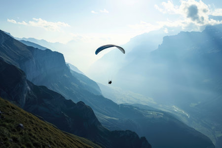Paraglider floating over breathtaking mountains Ai generatedの素材