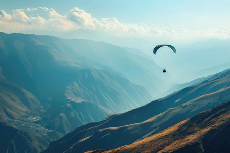 Paraglider floating over breathtaking mountains Ai generatedの素材