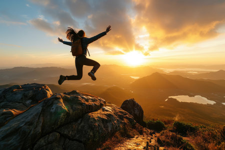 Successful woman joy when reaches to her objective. Woman jump on top of the mountain with arms open to a welcoming new day with sunrise Ai generatedの素材