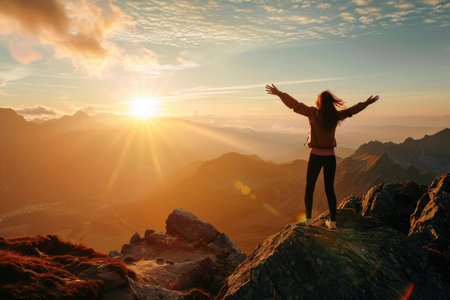Successful woman joy when reaches to her objective. Woman jump on top of the mountain with arms open to a welcoming new day with sunrise Ai generatedの素材