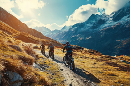 friends on electric bicycles enjoying a scenic ride through beautiful mountains AI generatedの素材