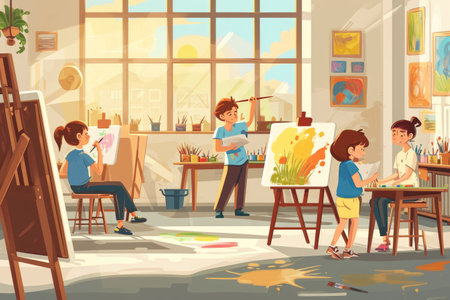 Art class illustration with children painting on canvases AI generatedの素材