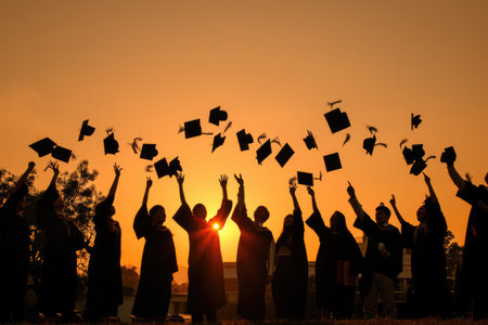 A silhouette of graduating students throwing their caps into the air Ai generatedの素材