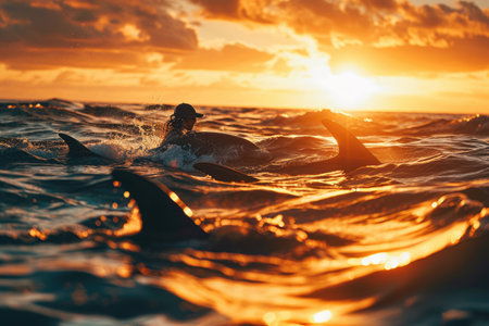 A marine biologist researching dolphins during a sunset Ai generatedの素材