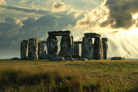 An atmospheric rendering of Stonehenge at summer solstice AI generatedの素材