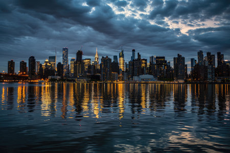 New York city skyline reflected in the East River AI generatedの素材