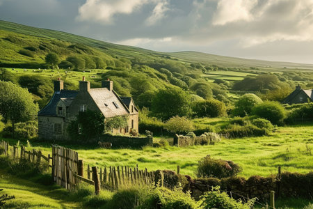 A picturesque Irish countryside scene with rolling green fields and quaint cottages --ar 3:2 --v 6 Job ID: 16d98598-c453-45c2-88d3-f156a26b8c4eの素材