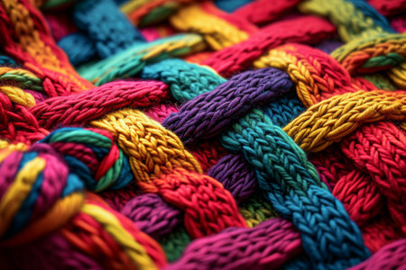 Colorful Knitted Pattern Backgrounds, Highlighting individual threads and colors the fabric texture is tightly woven AI generatedの素材
