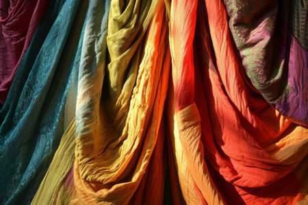 Textile drapery colorful, Bright red-pink fabric with orange, khaki and pale yellow stripes arranged in folds AI generatedの素材