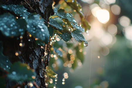 Tree dew close up background, a close up of a tree decorated with dew drops with the sun shining into it Ai generatedの素材