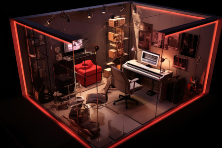 A compact, small space recording studio concept for urban living, Interior of recording studio home, music studio AI generatedの素材